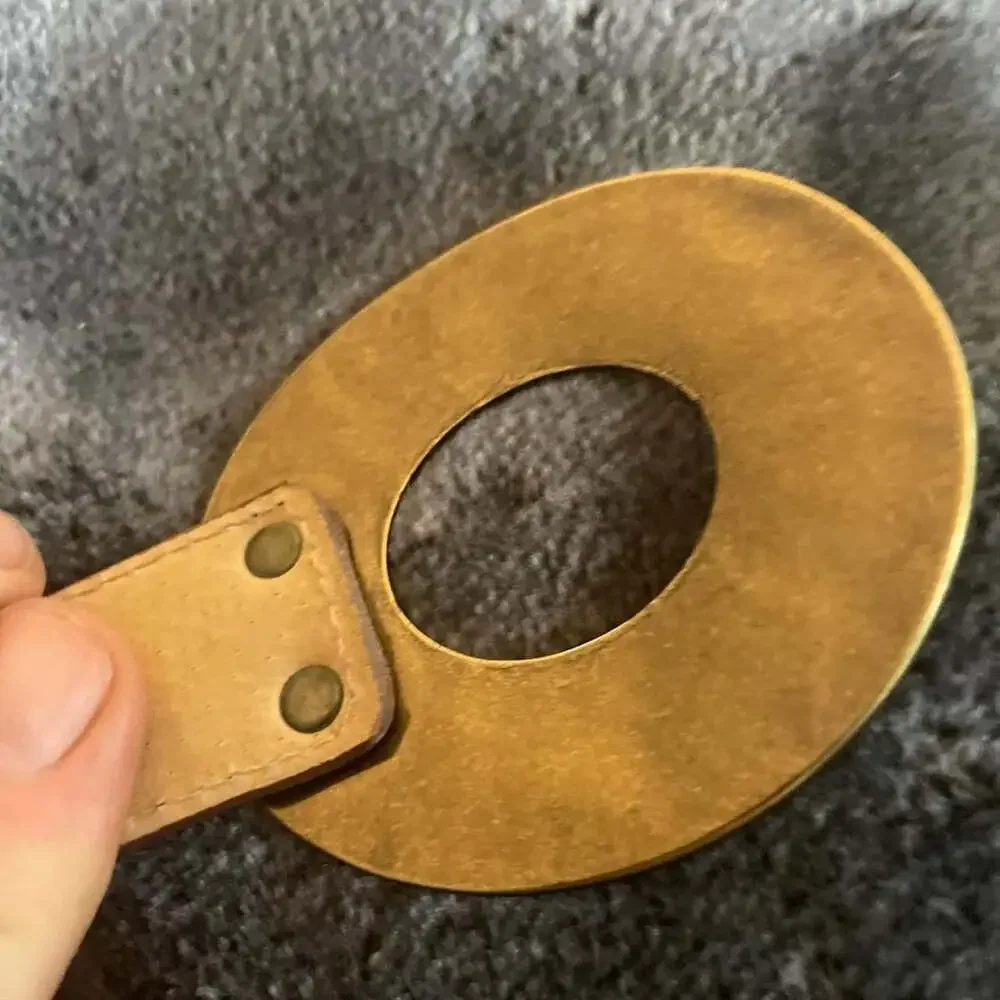 Vintage Style Brown Leather Belt with Antique Gold L-Bar Oval Buckle